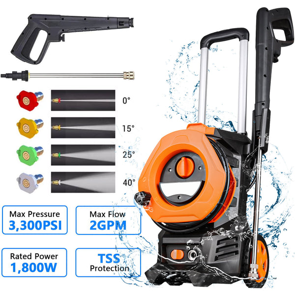 YKSAMU 3300PSI Electric Pressure Washer with 4 Nozzles Foam Cannon and Hose Reel Orange